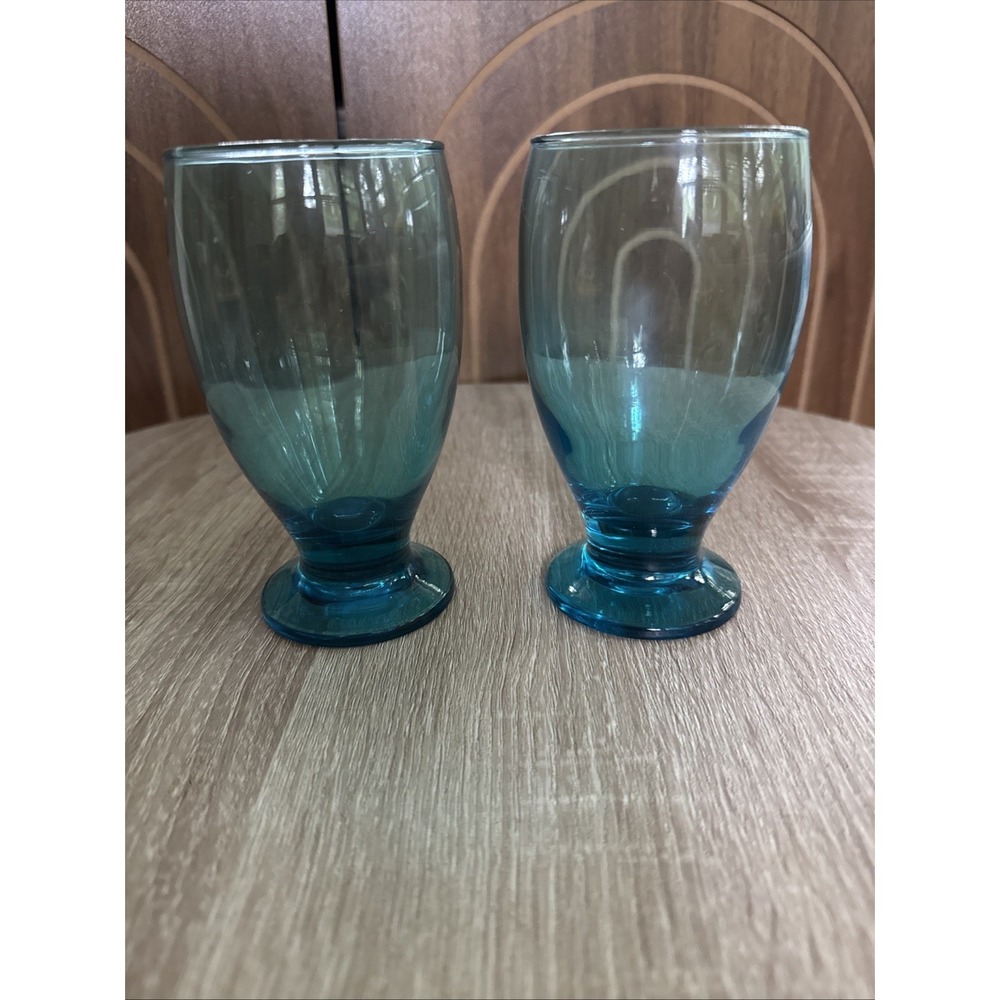 Vintage Cristar Teal Blue Footed Water Goblets 12oz  5.25"  Set of 2